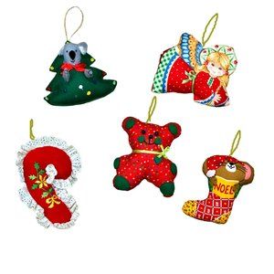 5 Vintage Cloth Christmas Ornaments Hand Sewn Stuffed Fabric Bear Angel Stocking